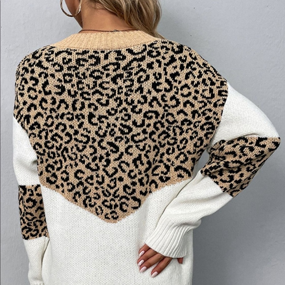 Leopard Color Block V-Neck Ribbed Trim Sweater - Picture 2 of 10